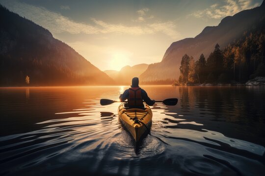A man travelling in a kayak in a lake at sunrise in mountains is a peaceful and serene scene that captures the beauty and tranquility of nature. Generative AI