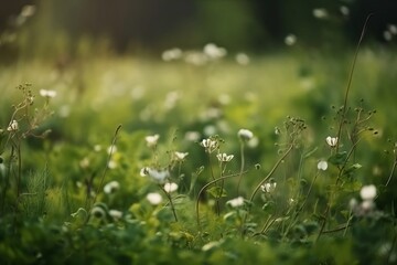 Wildflower Meadow. Green plant Background with Blurred Wildlife