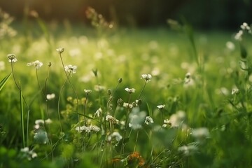 Fototapeta premium Wildflower Meadow. Green plant Background with Blurred Wildlife