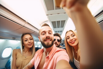 tourists taking a selfie while boarding on a airplane . Generative AI