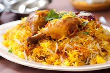 Biryani - India/Pakistan - Basmati rice, chicken or lamb, onions, tomatoes, ginger, garlic, ghee, spices (e.g., cardamom, cinnamon, cumin) (Generative AI)
