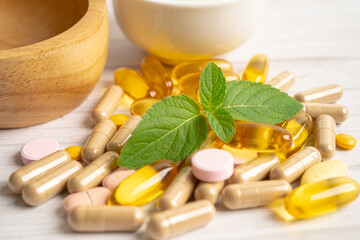 Alternative medicine herbal organic capsule with vitamin E omega 3 fish oil, mineral, drug with...