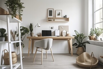 Fototapeta na wymiar Interior of a Scandinavian home office with a wooden desk, a desktop computer, and a stool mounted plant. Real picture and mock up display. Generative AI