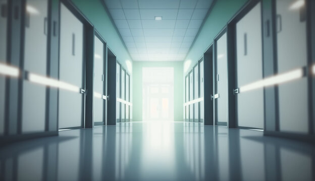 abstract blurred of hospital corridor blue color background concept