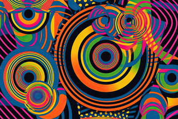Fototapeta na wymiar Abstract psychedelic background with circles and lines of various widths in retro optical illusion style