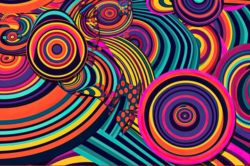 Abstract psychedelic background with circles and lines of various widths in retro optical illusion style