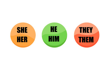 Gender pronouns signs illustrations colorful. She her, he him, they them.