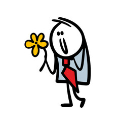 Happy stick figure groom going to make an offer to his girlfriend and brings a big flower for engagement.