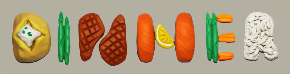 Plasticine DINNER word consisting of baked potato, asparagus, beef steak, salmon steak, pieces of carrot, rice isolated on background	