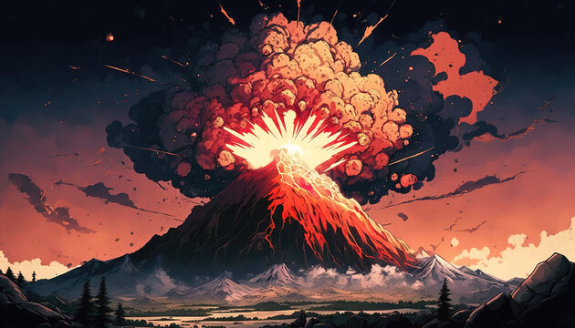 an impressive dangerous volcano exploding scene, anime manga art