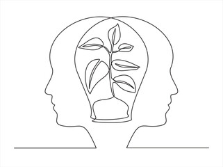 Plant leaves seed grow in brain concept. Continuous one line drawing of human heads with a plant. Think green.