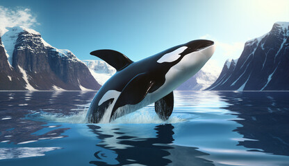 KILLER WHALE orcinus orca. PAIR LEAPING