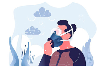 CO2 emissions. Man breathing through filter mask to reduce health effects of toxic chemical fumes from factory