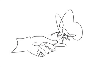 Single continuous line of hand holding butterfly on a white background. Black thin line of the hands with  butterfly. Freedom concept.