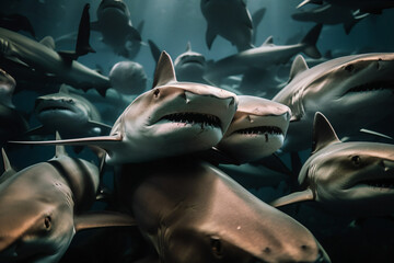 Many shark swimming in front of you. AI Generative.