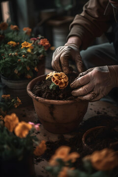 The gardener replaces flowers into pots with fresh soil. (generative ai)