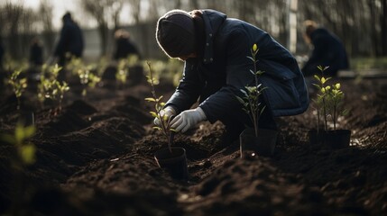 Person planting trees in a community garden, showcasing the spirit of volunteering and environmental conservation. Eco friendly practices, organic farming, and outdoor activities. Generative AI