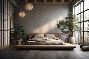 Japanese bedroom with wabi sabi bed and decorative plants. Generative AI