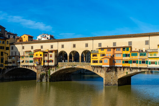 Ponte Vecchio over Arno River in Florence, Italy. Architecture and landmark of Florence. Cityscape of Florence