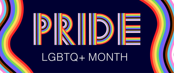 LGBTQ+ Pride Month Banner. Flag ribbon typography design. LGBTQIA Pride month text on dark blue background with Pride flag. Vector illustration.