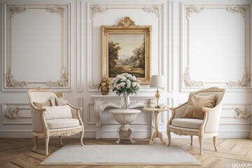 Fototapeta na wymiar With armchairs, a coffee table, flowers, and wall moldings, it has a traditional beige décor. mockup for an illustration. Generative AI