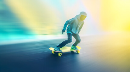 Fototapeta na wymiar young man playing jumping on skateboard in gradient color.generative ai images