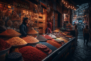 colorful oriental bazaar with traditional goods on a busy evening street. Generative AI