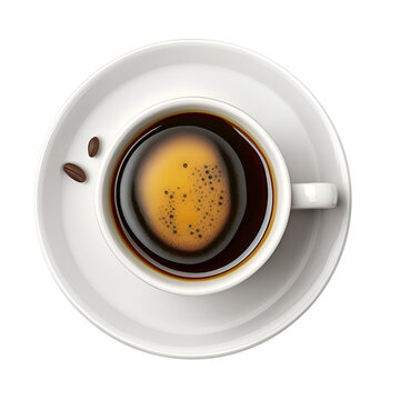 coffee cup on the plate isolated on a transparent background, cup with hot black coffee, isolated design element, clipart, top view, ai-generated image