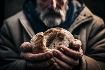 Homeless man holds a slice of bread in his hands, close-up. Piece of bread in hands of homeless person. Concept of hunger, poverty and homeless. Hungry man with food. Poor Migrant. AI Generate - obrazy, fototapety, plakaty