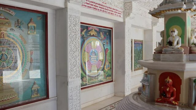 Hatundi, Bijapur, Rajasthan, India 12th March 2023: Shri Hathundi  Rata Mahaveerji Teerth. Visuals of one of the oldest Jain architecture temples, paintings and artifacts. Mahaveer Swami. Jain Dharma
