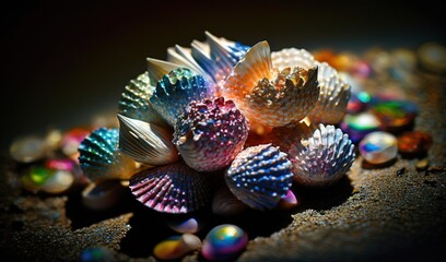  a bunch of sea shells sitting on top of a sandy beach.  generative ai