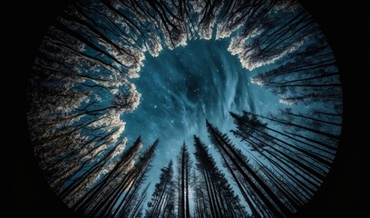  a view of a forest from the ground looking up into the sky.  generative ai
