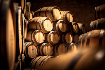Wine cellar with Wine barrels. Grape barrels in old wine storage. Wooden oak barrels with whiskey in storage. Vintage Wine in an old barrel. Storage of whiskey. Barrel storage of rum, Ai Generate
