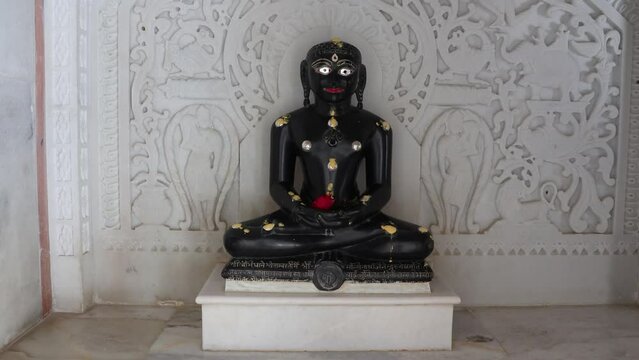 Hatundi, Bijapur, Rajasthan, India 12th March 2023: Shri Hathundi  Rata Mahaveerji Teerth. Visuals of one of the oldest Jain architecture temples, paintings and artifacts. Mahaveer Swami. Jain Dharma