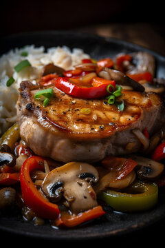 Pork chop with peppers, mushrooms and bamboo. Served with rice. (generative ai)