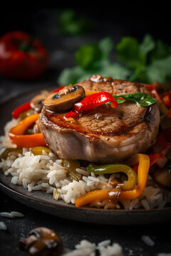 Pork chop with peppers, mushrooms and bamboo. Served with rice. (generative ai)