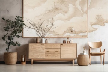 Bleached and beige tones dominate the living room in Japan. Mockup of a wooden chest of drawers with a frame. wallpaper and a marble floor. contemporary interior design. Generative AI