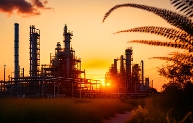 Fototapeta na wymiar Oil refinery plant. Gas Processing Plant. Pipes of natural gas factory. Oil crude and gas refineries. Oil refining and Petrochemical. Reduced fuel. Ai Generated Illustration.