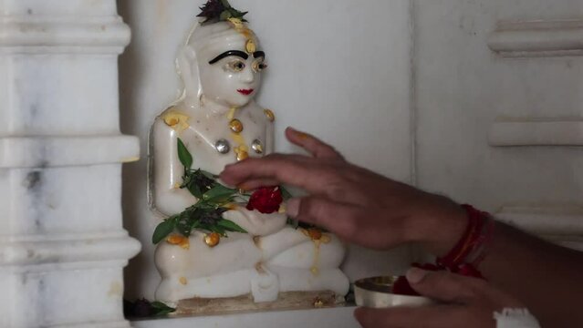 Hatundi, Bijapur, Rajasthan, India 12th March 2023: Shri Hathundi  Rata Mahaveerji Teerth. Visuals of one of the oldest Jain architecture temples, paintings and artifacts. Mahaveer Swami. Jain Dharma