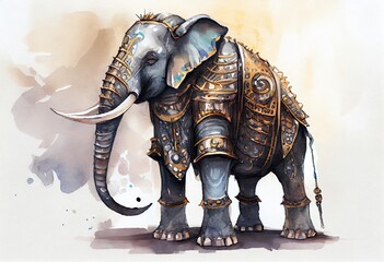 Watercolor Illustration of athropomorphic Cyborg Elephant Dressed In Armor. Digital Illustration. Generative AI