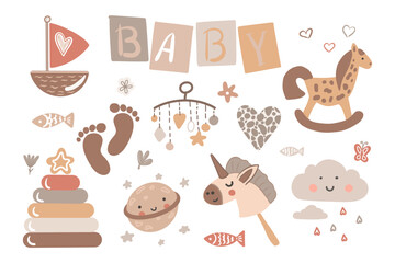 Set of cute boho baby objects in Scandinavian style. Cartoon doodle kids clipart for baby shower invitation card, nursery room decor, poster. Editable vector illustration.