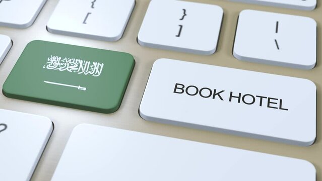 Book hotel in Saudi Arabia with website online. Button on computer keyboard. Travel concept 3D animation. Book hotel text and Saudi Arabia national flag