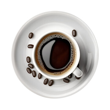 coffee cup on the plate isolated on a transparent background, cup with hot black coffee, isolated design element, clipart, top view, ai-generated image