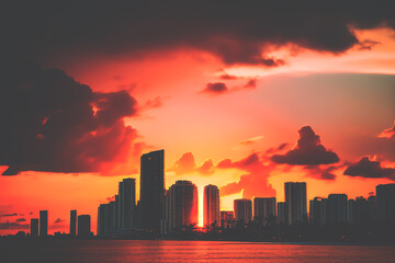 Naklejka premium Miami at sunset. Miami Beach South Beach, Florida, colorful skyline. Buildings with hotels and apartments near coastline near ocean. Sea at sunset. Ai Generative illustration