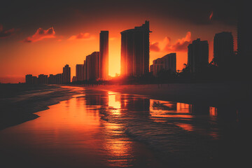 Miami at sunset. Miami Beach South Beach, Florida, colorful skyline. Buildings with hotels and apartments near coastline near ocean. Sea at sunset. Ai Generative illustration