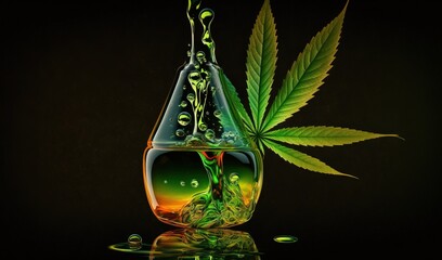  a marijuana leaf is in a glass of water with a drop of liquid.  generative ai