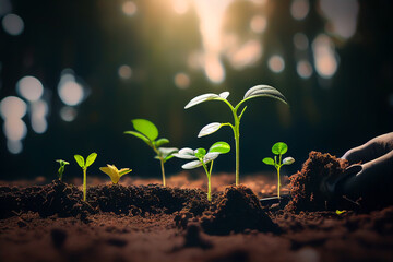 Planting a tree in ground. Spring Seeding. Planting seeds in soil. Small tree in the ground in the garden at sunset. Growth bush with leaves in farm. Agriculture plant seeding and growing. AI Generate