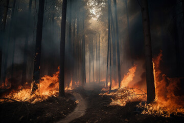 Forest fire, flames and smoke among the trees. Generative AI
