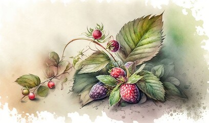  a painting of raspberries and leaves on a white background.  generative ai