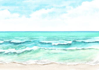 Seascape.Tropical beach with sea, sand and blue sky, summer vacation concept and background. Hand drawn watercolor illustration